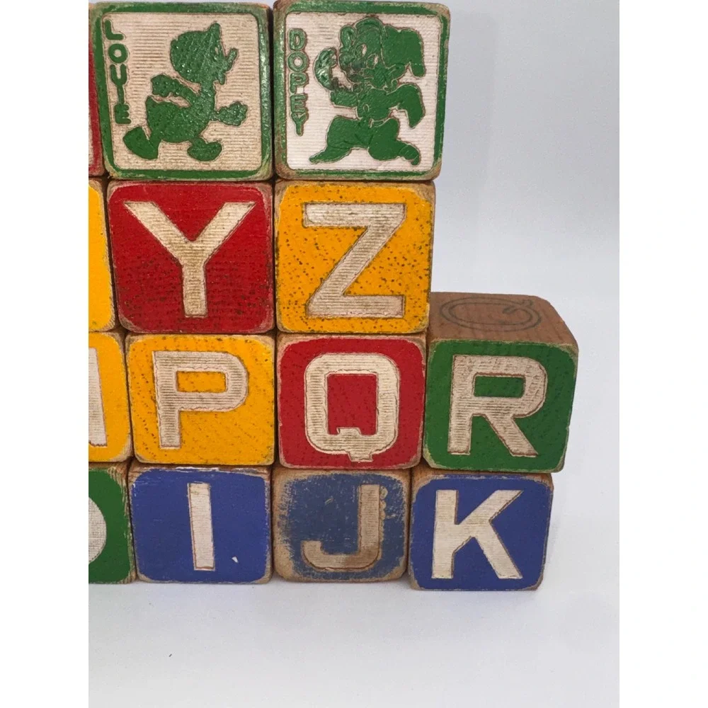 21 Vintage Wooden Alphabet Pictorial Blocks Disney Characters 1.8 Inch Nursery